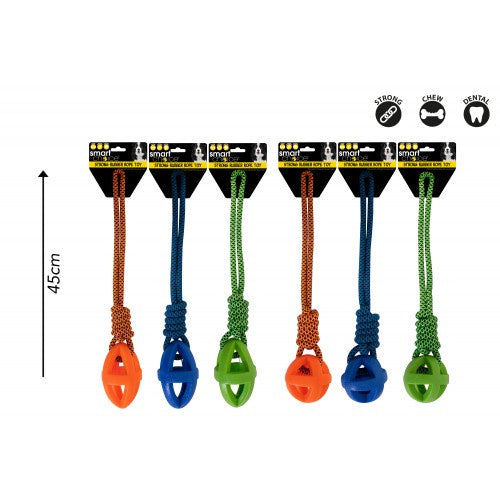 Rubber and rope tug dog toy