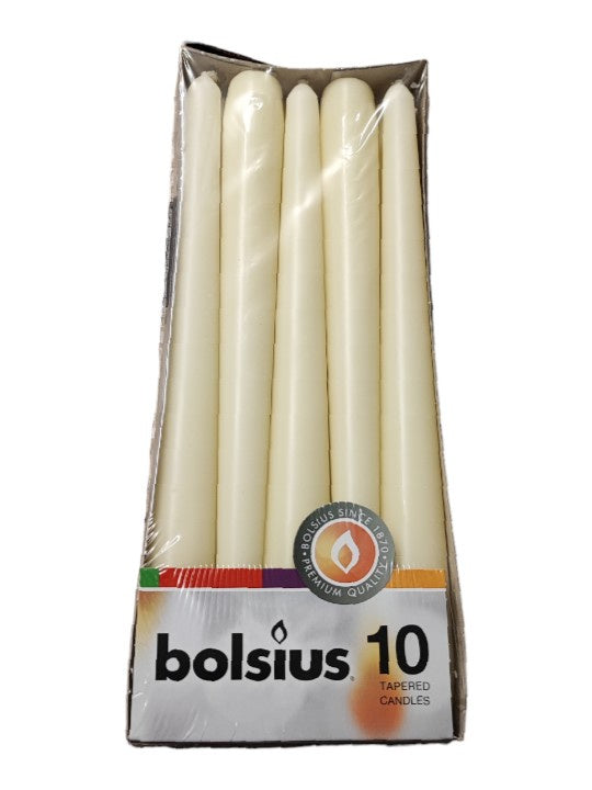 Pack Of 10 Dinner Candles Taper Ivory 245x24mm 7.5Hour