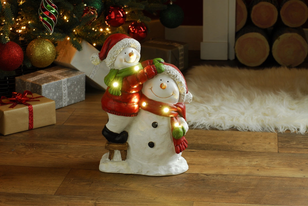 38cm Battery Operated Lit Porcelain Two Snowman Ornament