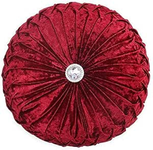 Velvet Round Cushion Cover Large Stitched with Diamond Burgundy 35 x 35Cm