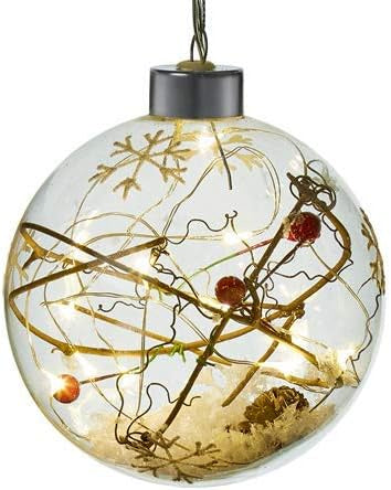 Premier LED Light Up Glass Bauble Hanging Decoration Rustic Filled Twigs/Berries