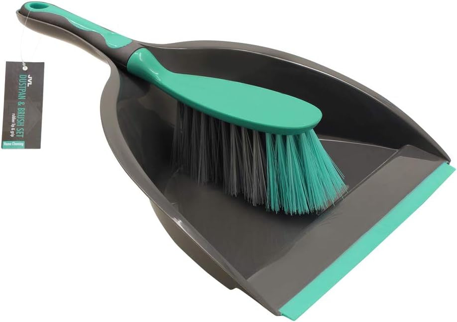 JVL Rubber Grip Dustpan and Bristle Brush Set, Grey