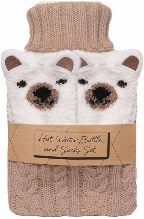Polar Bear Hot Water Bottle and Socks Set, Knitted Beige