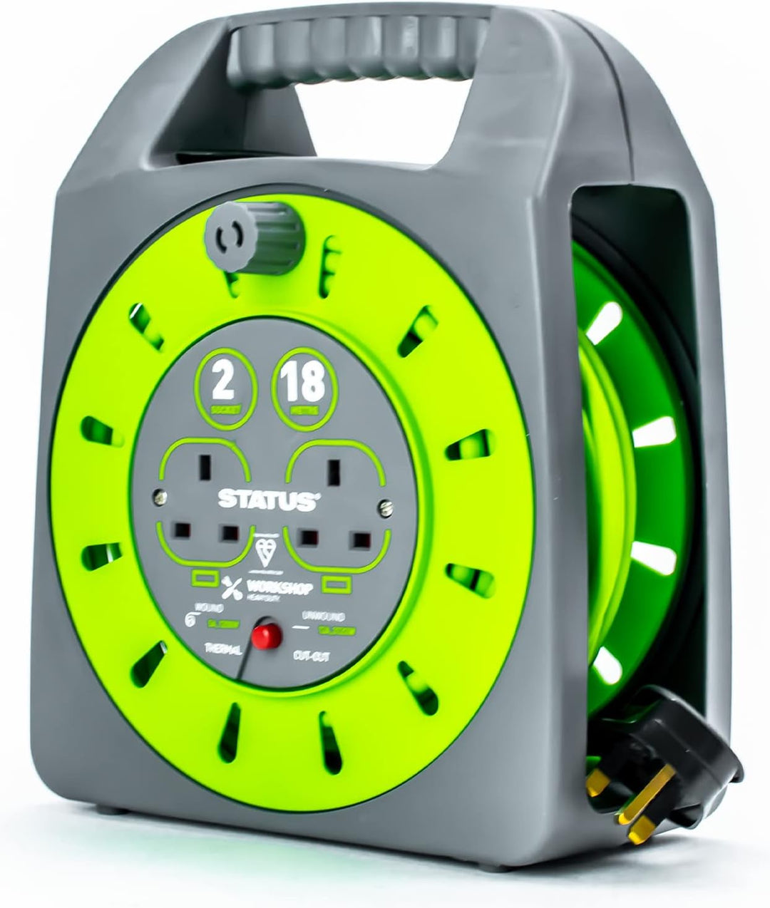 STATUS 2 Socket Cable Reel, 18m, Green Extension Lead, 13 Amp