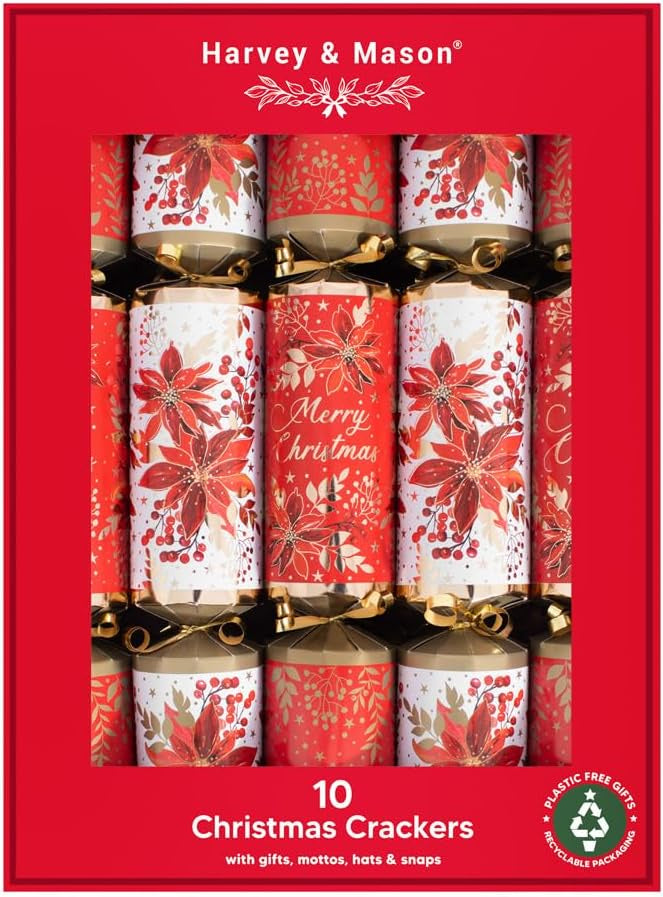 Harvey & Mason Christmas Crackers 10 Pack Red Poinsettia