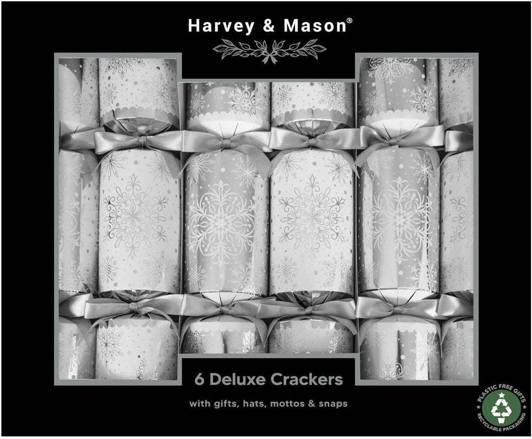 Harvey & Mason Delux Christmas 6  Pack Crackers Snowflake Silver