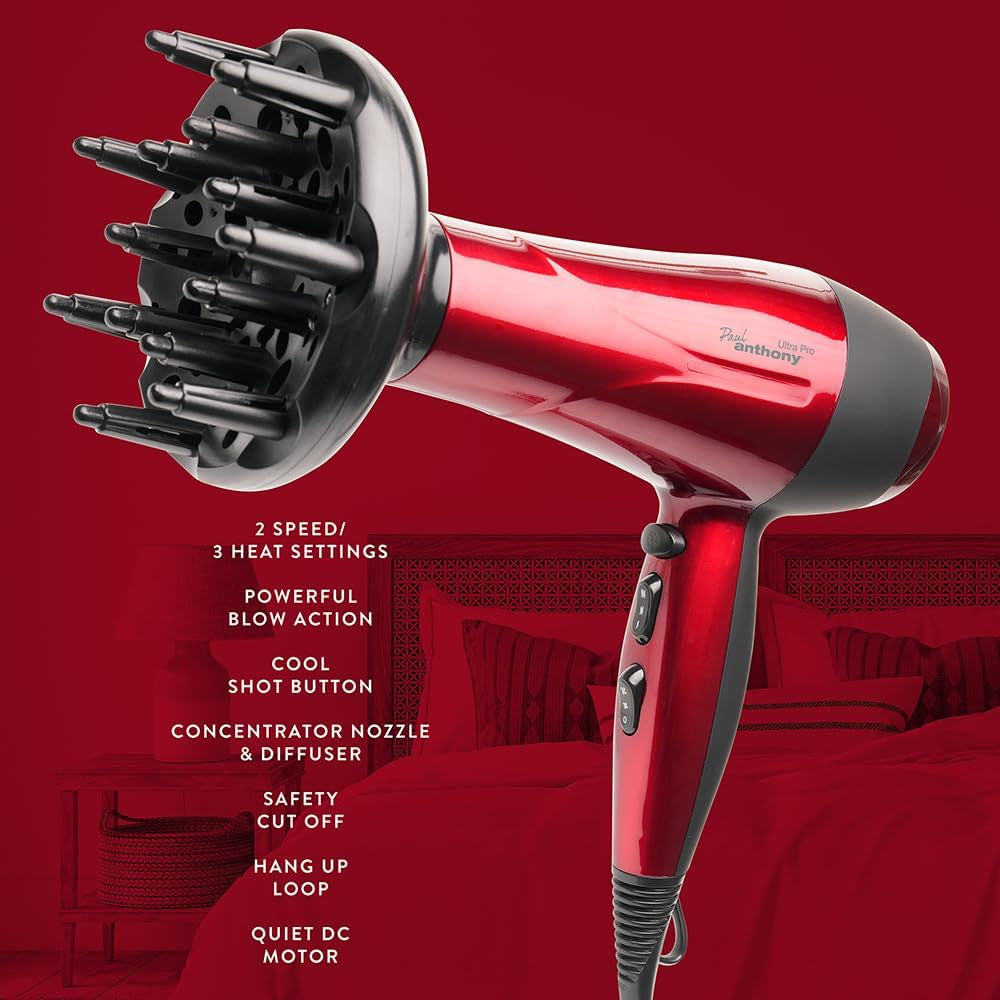 Paul Anthony Ultra Pro 2200W Hair Dryer Red Hot 3 Heat Settings