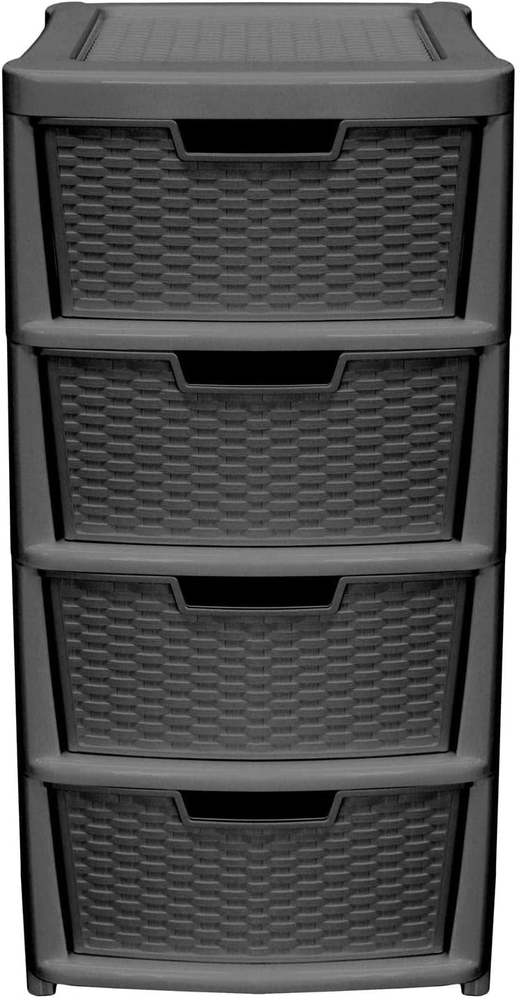Plastic Rattan 4 Drawer Storage Tower Black