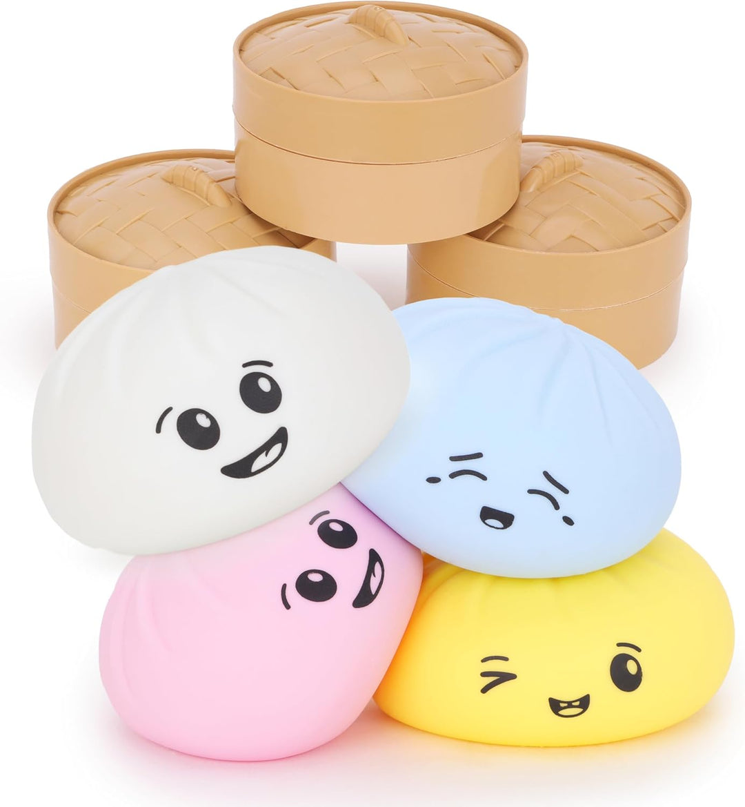 Squishy Bao Dumpling Sensory Fidget Toy with Plastic Steamer Box