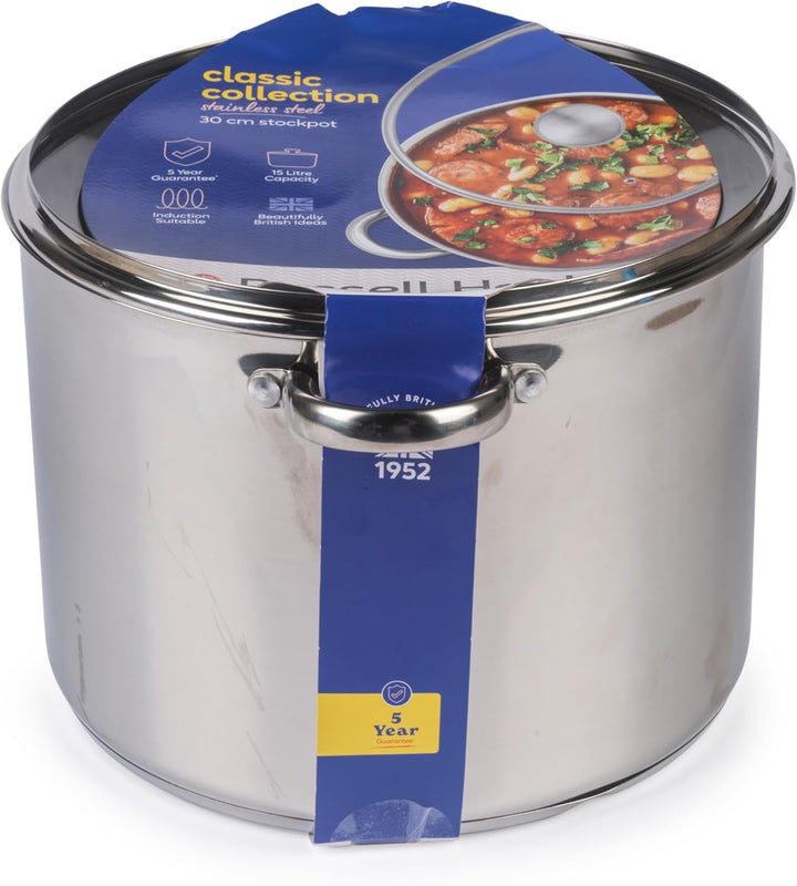 Russell Hobbs Classic 30cm Stockpot – 15L Stainless Steel with Glass Lid
