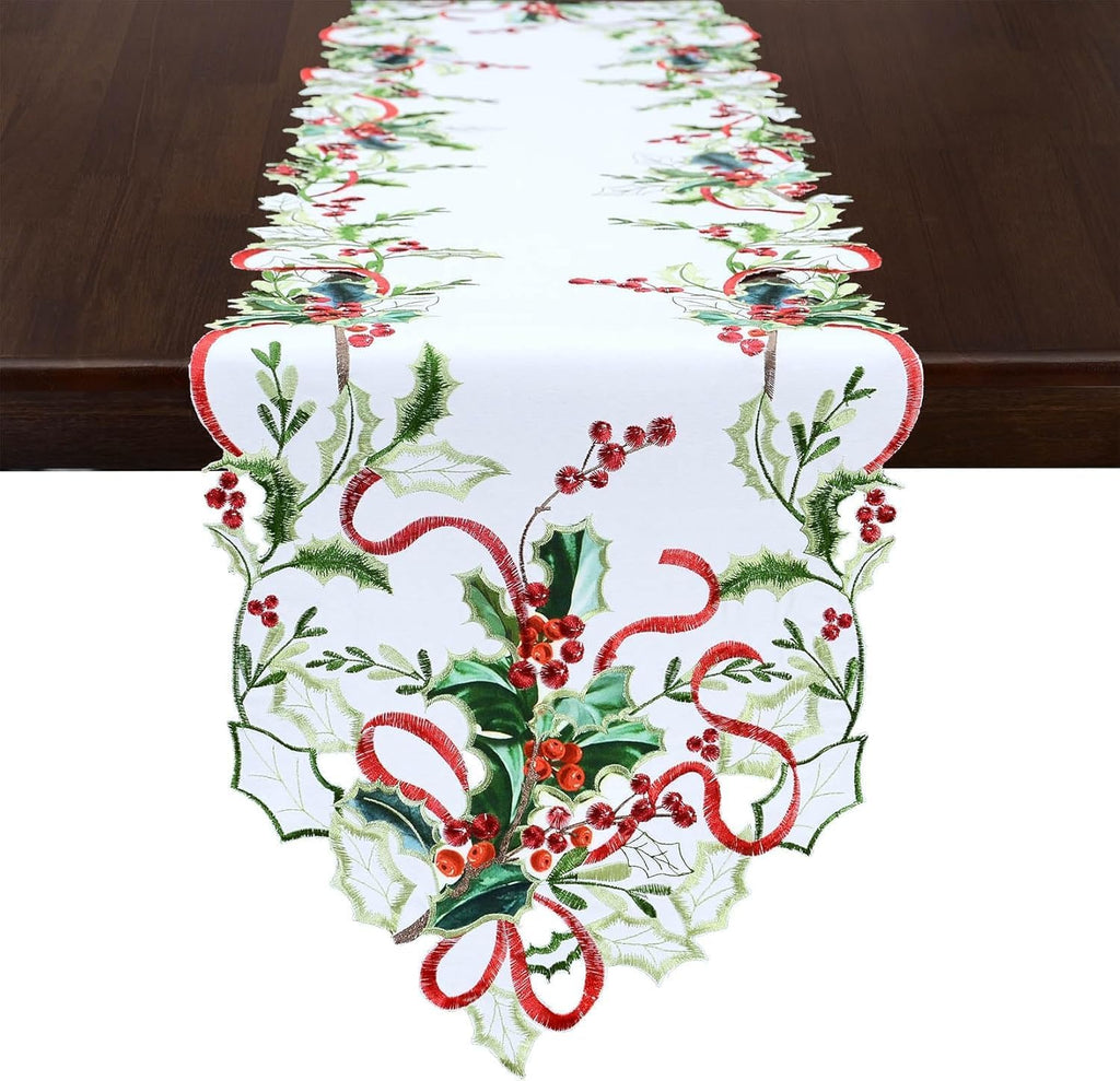 Walton & Co Embroidered cut red ribbon runner