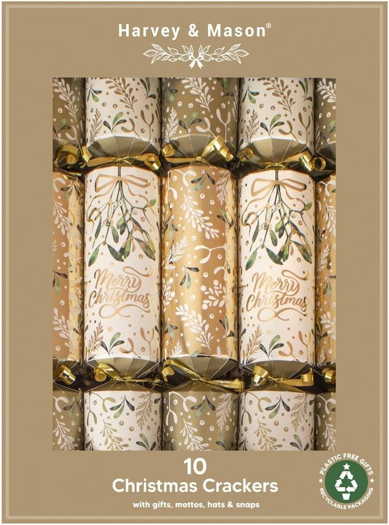 Harvey & Mason Christmas Crackers 10 Pack  Gold White Holly Mistletoe