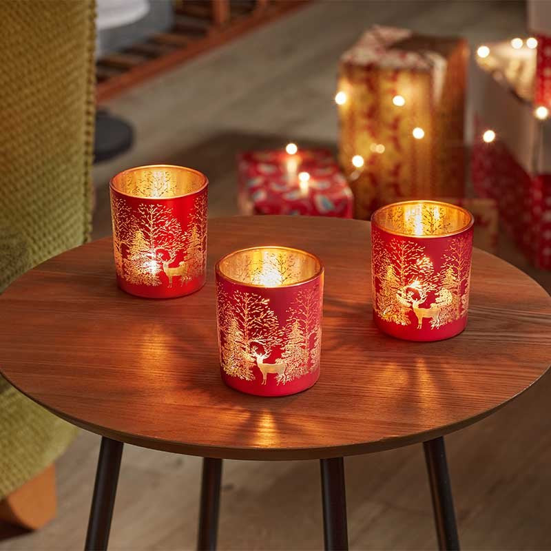 Three Kings Wonderland Pack of 3 Tea Light Holders - Ruby