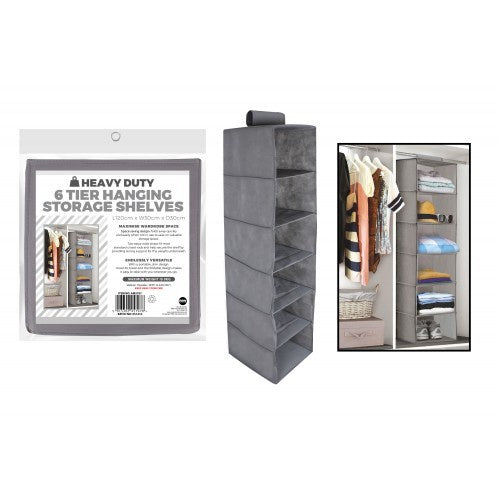 D-Clutter Hanging Storage Organiser with 6 Shelves 120x30x30cm Grey