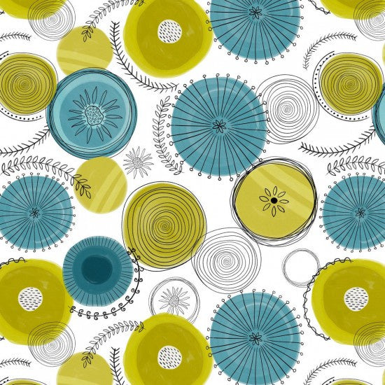 Printed Patchwork Quilted Cotton Fabric : Vintage Floral Abstract Circles Sold By The Metre