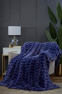 Chunky Ribbed Fur Polyester Soft Plush Cuddly Cosy Blanket Throw Midnight Blue