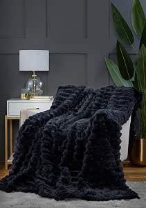 Chunky Ribbed Fur Polyester Soft Plush Cuddly Cosy Blanket Throw Charcoal Grey