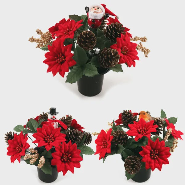 25cm Robin &amp; Santa Grave Pot Red