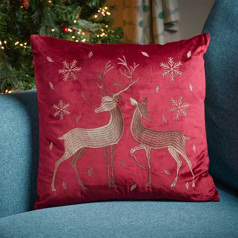 Three Kings Filled Reindeer Cushion - Ruby