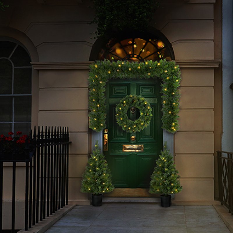 Premier Pre-Lit Christmas Door Set 2 x 90cm Trees, 60cm Wreath &amp; 2.7m Garland Warm White