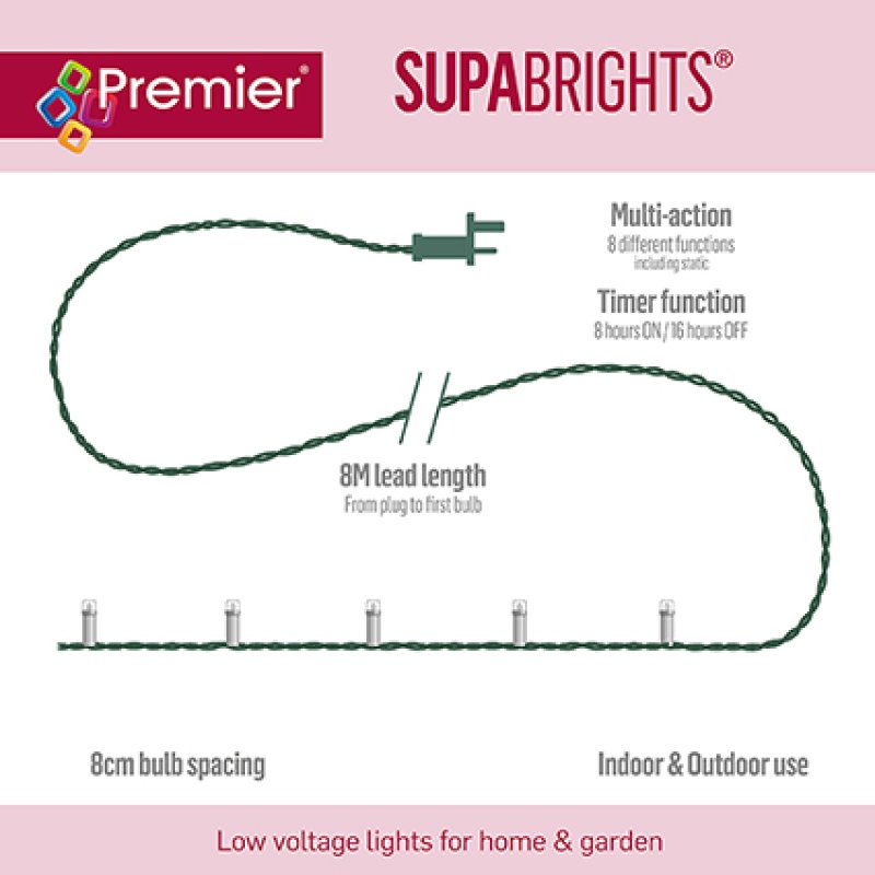 Premier 200 Multi-Action LED SupaBrights Clear Cable with Timer Turquoise