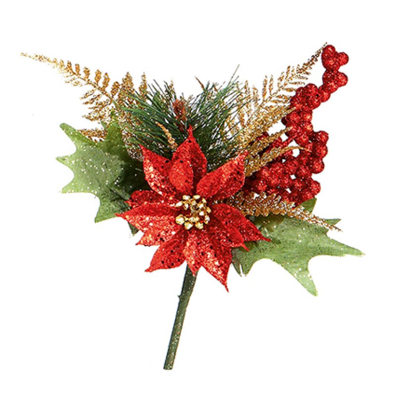 Glitter Poinsettia Pick Decoration Asstd