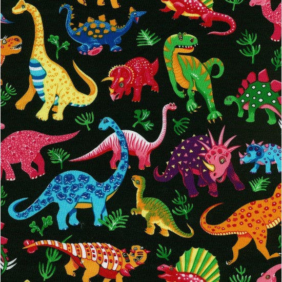 Printed Patchwork Quilted Cotton Fabric : Dinosaur Dance Black Fat Quarters 50x55cm
