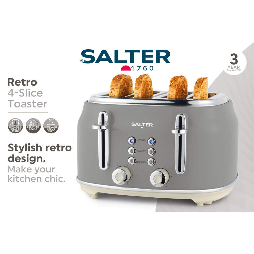 Salter Retro Grey 4 Slice Toaster with 6 Browning Levels