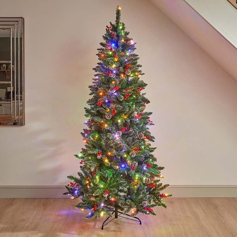 Three Kings InLit Frosted Pine Berry Cone Slim Christmas Tree 7ft 210cm PT210