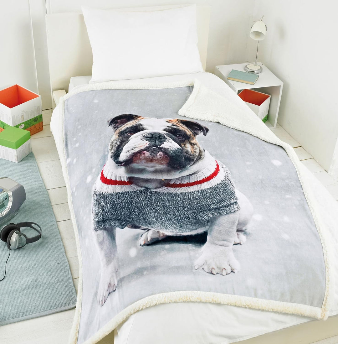 Festive Bulldog Photo Print Sherpa Backed Luxury Fleece Blanket 125cm x 155cm