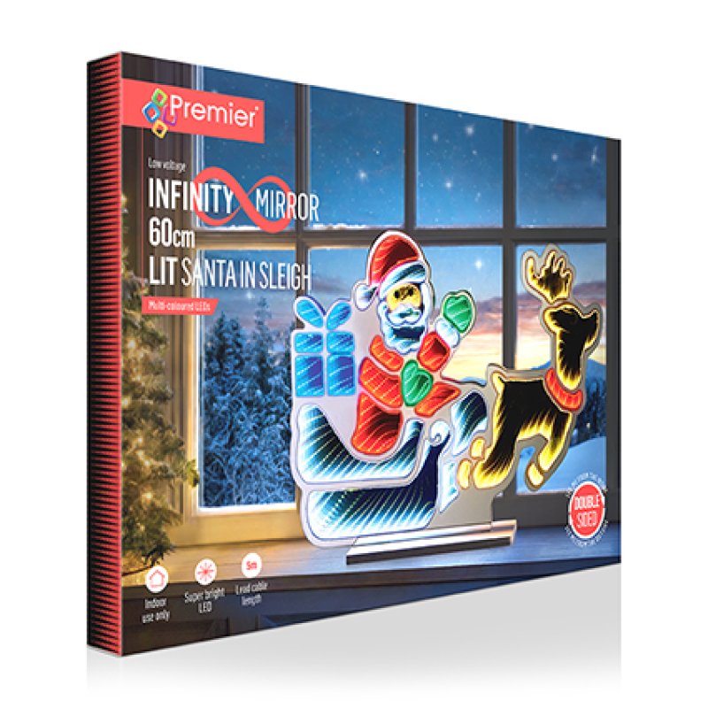 Premier 60cm Standing Santa in Sleigh with Present Infinity Mirror