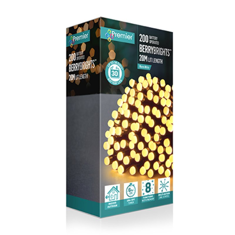 Premier 200 Multi-Action Battery Operated BerryBrights with Timer Warm White