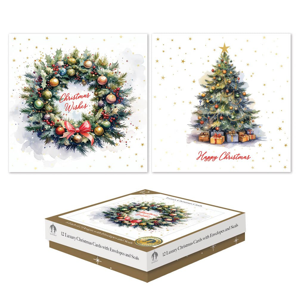 12 Luxury Cards Xmas Square Box Tree &amp; Wreath