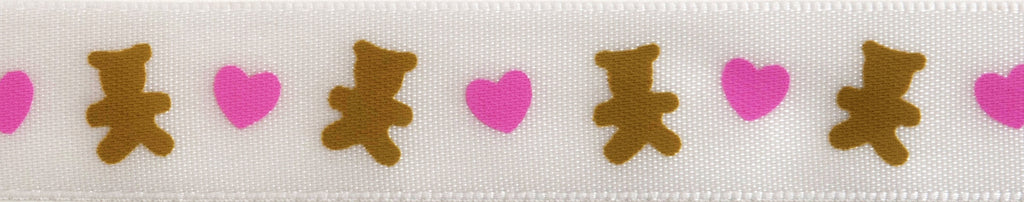 Ribbon: Teddy Bear: 3.5m x 15mm: Brown & Pink on White