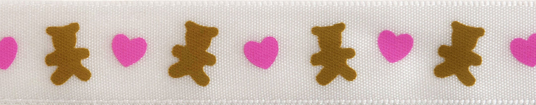 Ribbon: Teddy Bear: 3.5m x 15mm: Brown & Pink on White