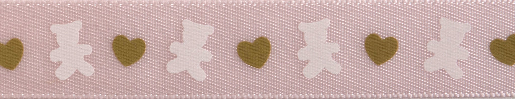 Ribbon: Teddy Bear: 3.5m x 15mm: White & Tan on Baby Pink