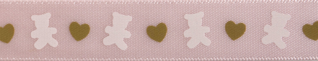 Ribbon: Teddy Bear: 3.5m x 15mm: White & Tan on Baby Pink