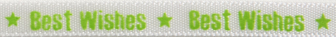 Ribbon: Satin Best Wishes: 4m x 6mm: Green on White