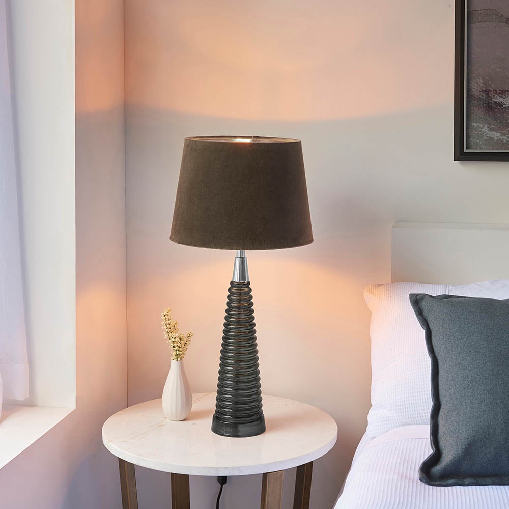 Naia ribbed glass table lamp with mocha velvet shade