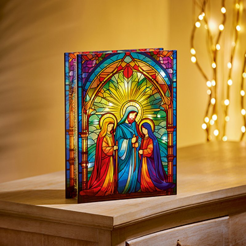 Premier 21 x 28cm Battery Operated Lit Stained Glass Nativity Scene 50 Warm White LEDs