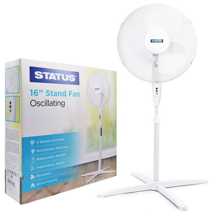 Status 16 inch white oscillating stand fan