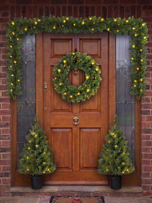 Premier Pre-Lit Christmas Door Set 2 x 90cm Trees, 60cm Wreath &amp; 2.7m Garland Warm White