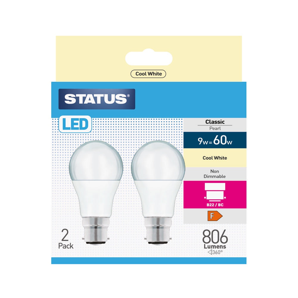 Status GLS Bayonet Bulb 60w LED Pearl Cool White Non-Dimmable Twin Pack
