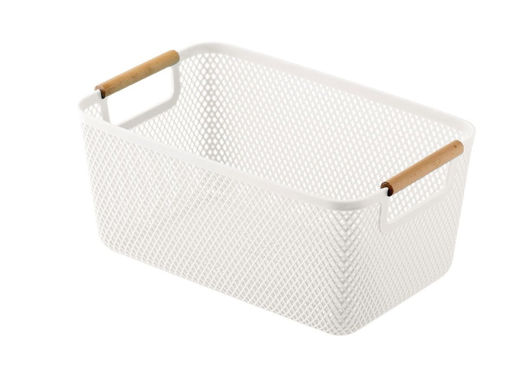 Plastic Storage Basket Wooden Handle  White Small