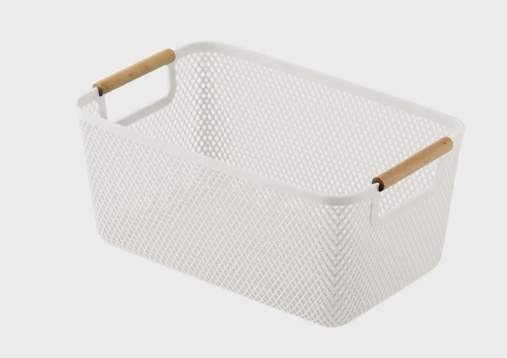 White plastic storage basket with wooden handle