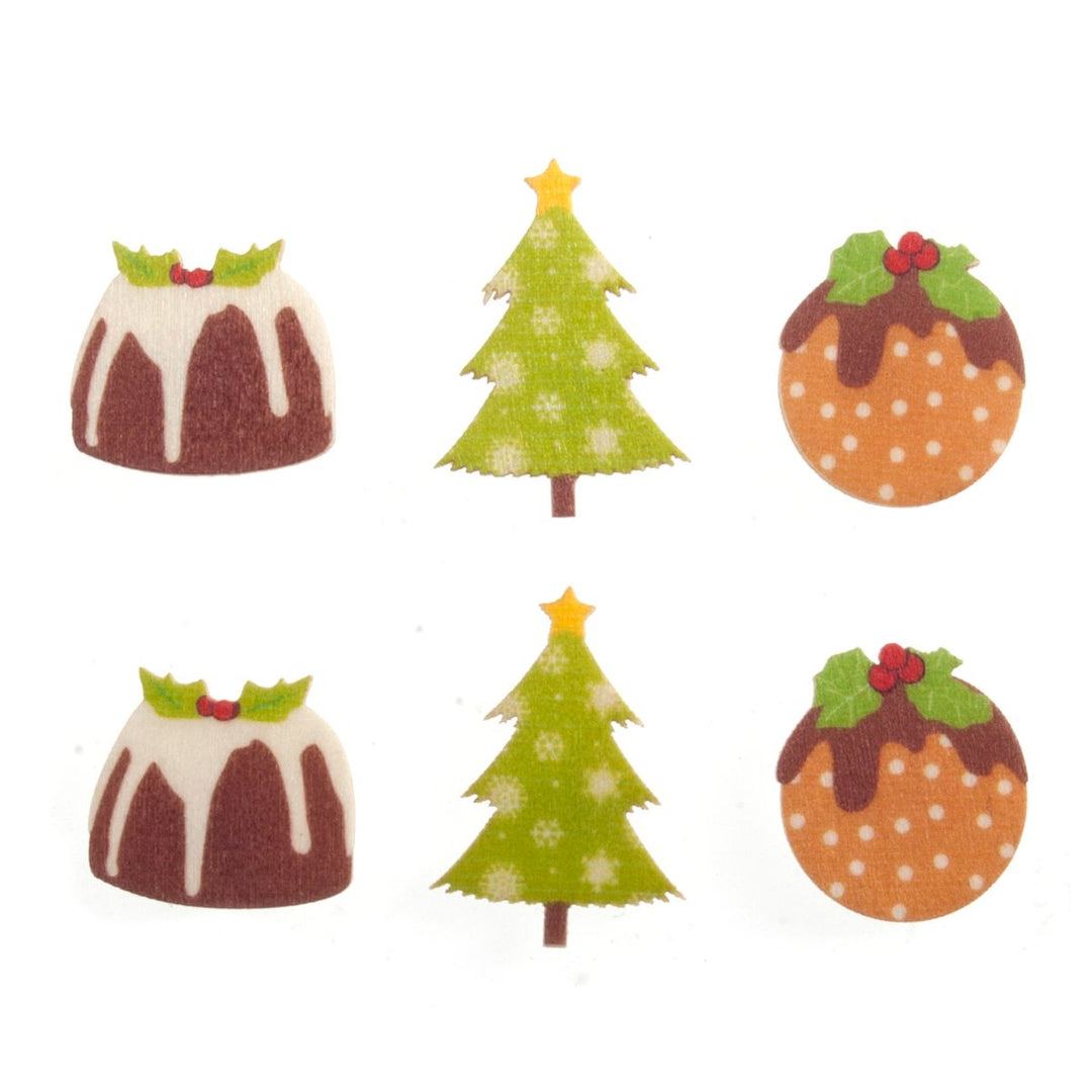 Craft Embellishment: Wooden Christmas Pud &amp; Tree: Pack of 6