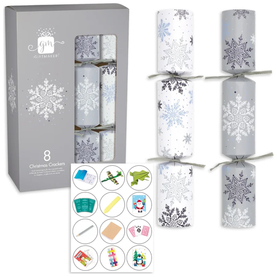 Pack of 8 Silver and White Snowflake Christmas Crackers