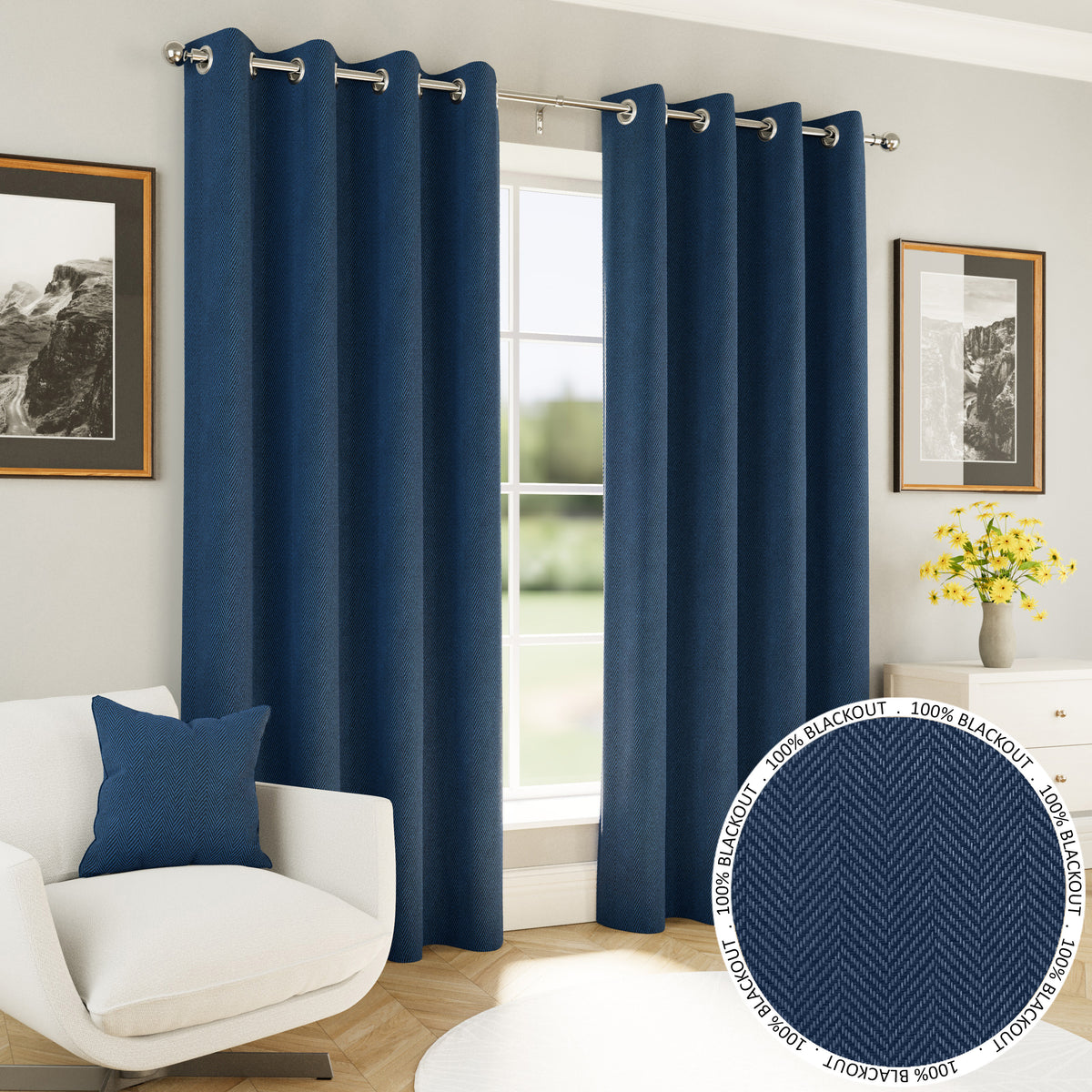 Chester navy herringbone blackout eyelet curtains