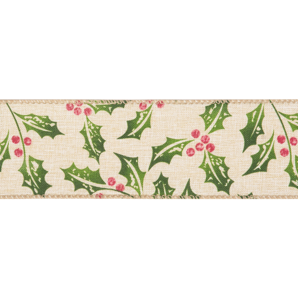 Premium Wire Edge Ribbon: Printed: 63MM : Holly Sold By The Metre