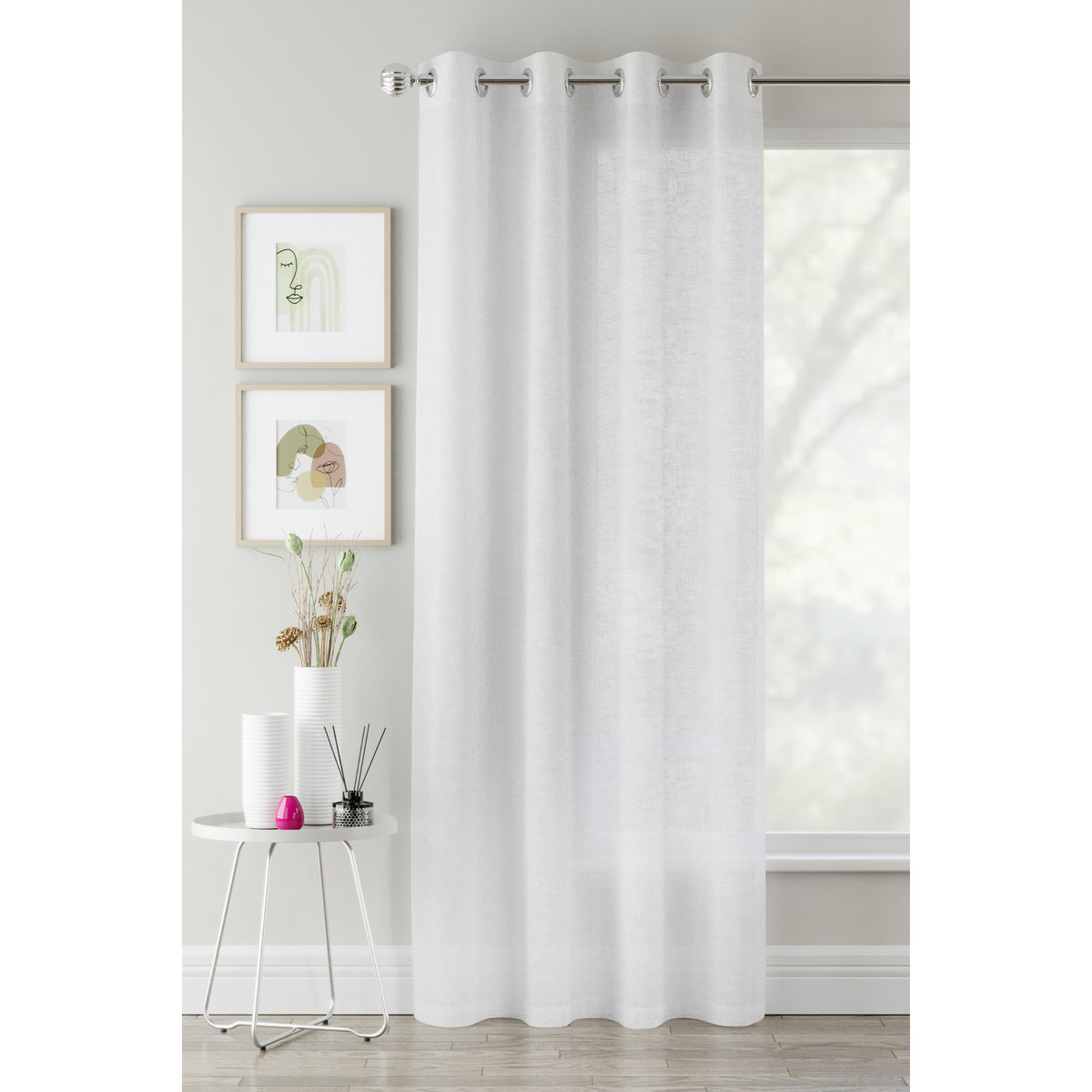 Crete white linen look sheer voile eyelet panel